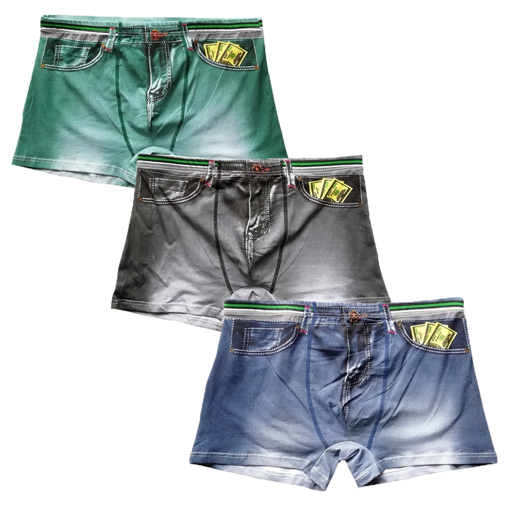 3ピース/ロット男性ボクサーショーツデニムプリント綿の下着ト - Multi Pack Underwear のレビューと価格